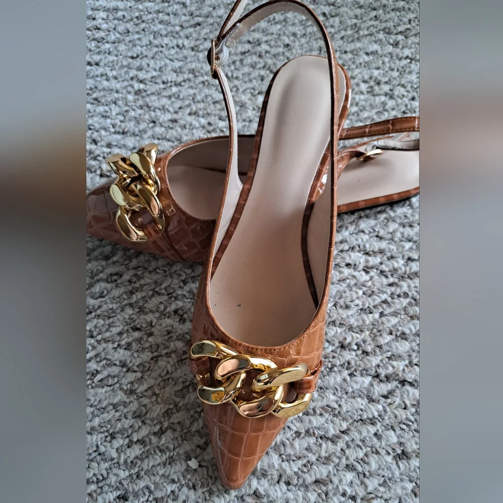 Faux Crocodile Embossed Brown Slingback Heels with Gold Chain